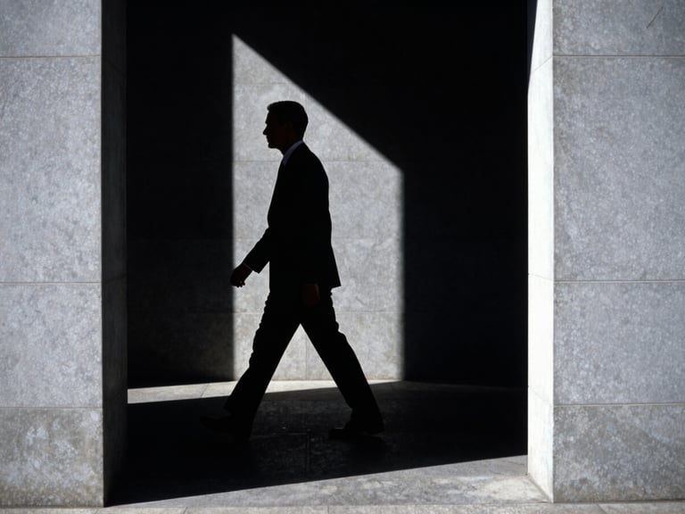 Sharp silhouette of a legal professional in motion through a dark high-end corridor, dramatic shadow play, 35mm