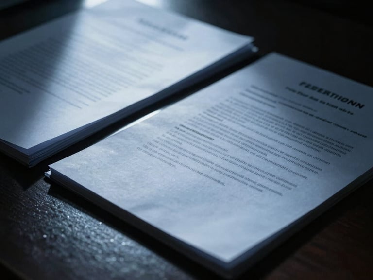 Dramatic close-up of secure legal documents under sharp low-key lighting, cold blue tones, high-contrast shadows, 35mm