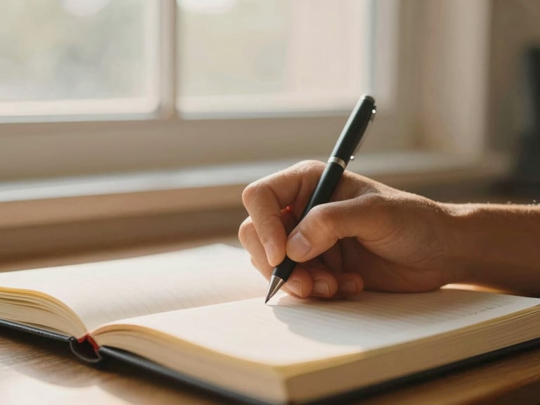 Close-up of a student's hands writing notes in a notebook, soft daylight from a window illuminating the page, warm organic tones, 35mm.