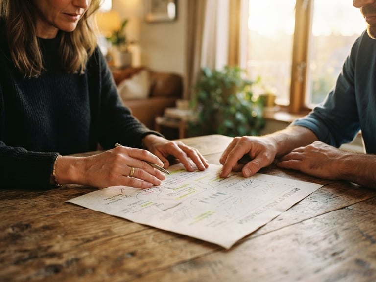 Medium close-up of hands reviewing a business plan on a wooden table, warm golden-hour light streaming through a window, 35mm, shallow depth of field, rich organic tones