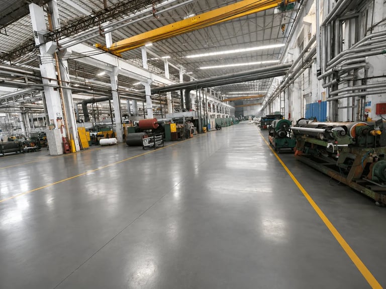 Industrial factory interior with heavy machinery and overhead crane for manufacturing logistics.