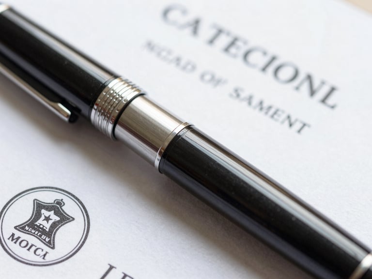 Macro close-up of a high-end fountain pen resting on an official certificate with a security stamp, clean shadows, bright daylight, editorial composition.