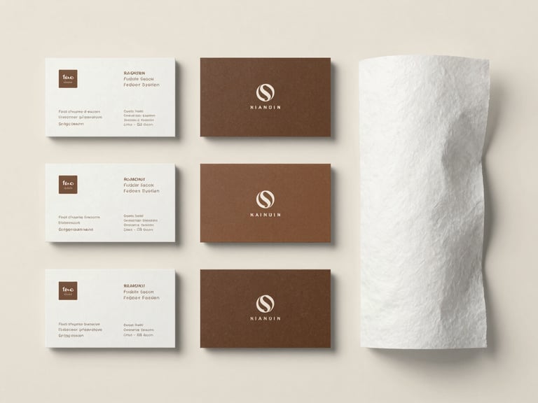 Overhead flatlay of brand identity system — business cards, tissue paper, and label applications arranged on a cream surface under soft diffused studio light, precise composition, no people