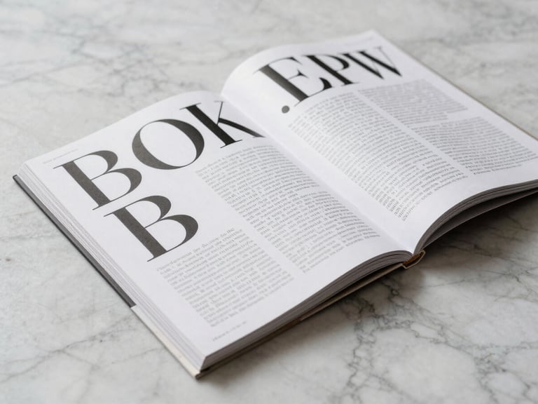 Tight crop of a luxury magazine spread laid flat on a marble surface, editorial typography visible at scale, clean studio light from the left, no hands or people