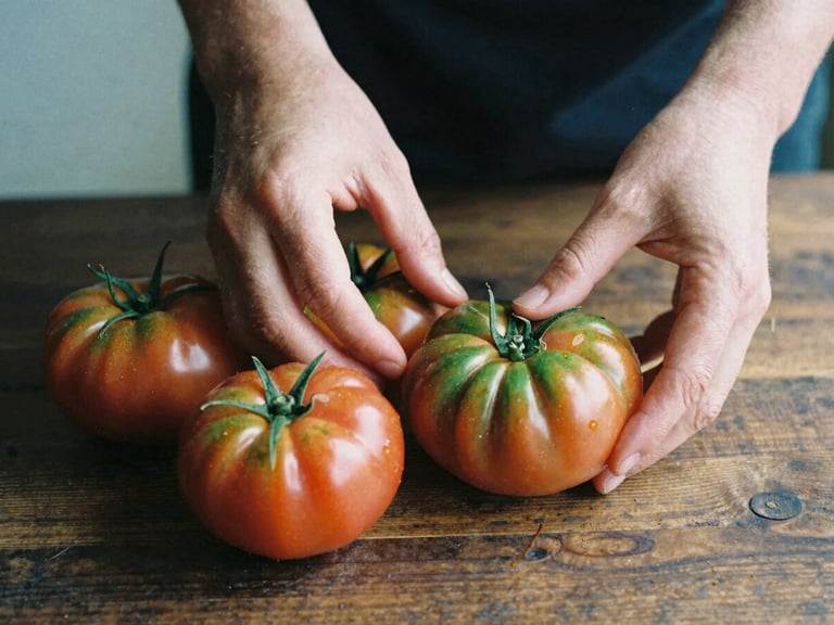 Close-up of hands prepping fresh heirloom tomatoes on a dark wooden table, soft Scandinavian side daylight, deep shadows, 35mm film aesthetic