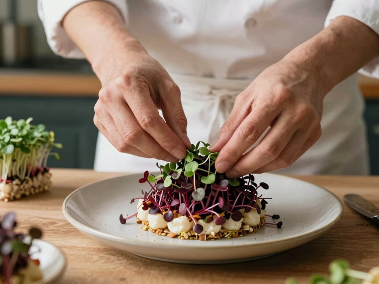 Hands of a chef carefully placing microgreens on an artisanal dish, warm natural side light, deep crimson accents, rustic kitchen background.