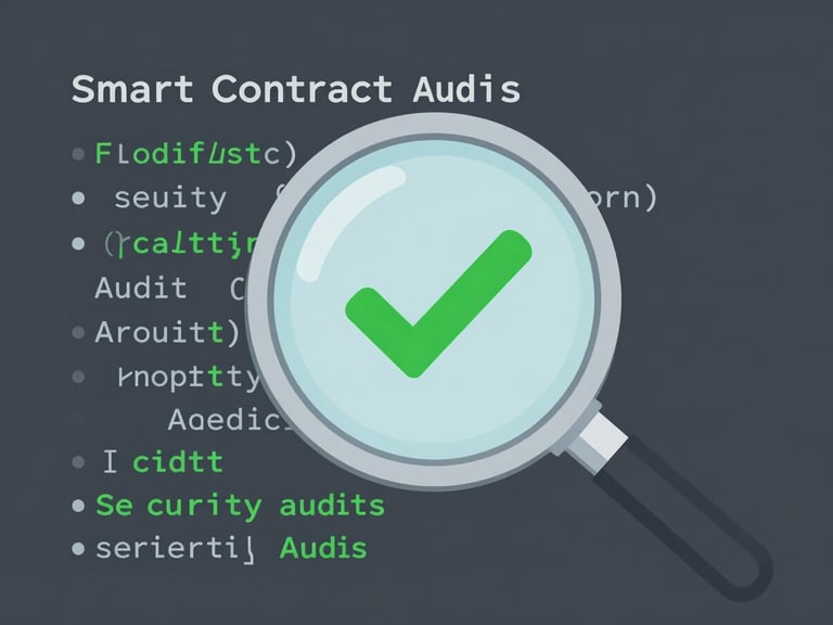 Stylized vector illustration of a magnifying glass over smart contract code, highlighting security audits with a green checkmark. Clean fintech aesthetic, sharp technical UI elements.