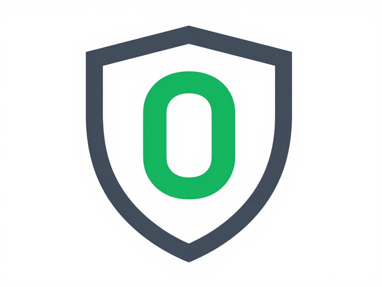 Flat vector illustration of a shield with a stylized '0' inside, clean lines, green and charcoal colors, on a stark white background. Fintech minimalism.