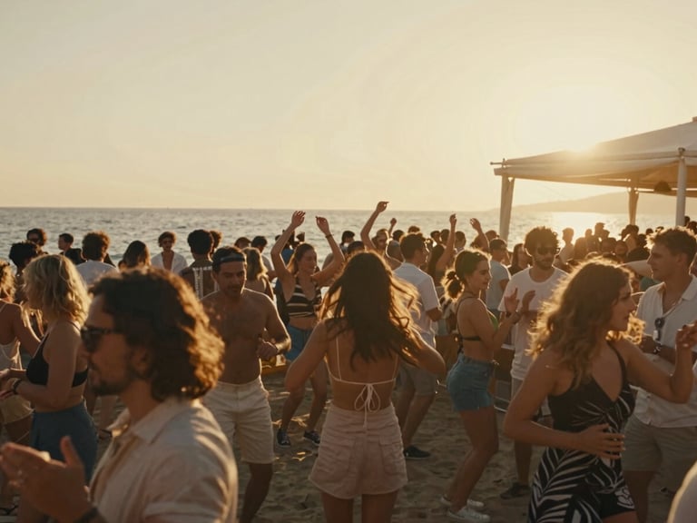 Cinematic wide shot of a crowd dancing under golden hour light at a coastal Mediterranean beach club, lens flare, warm saturated tones.