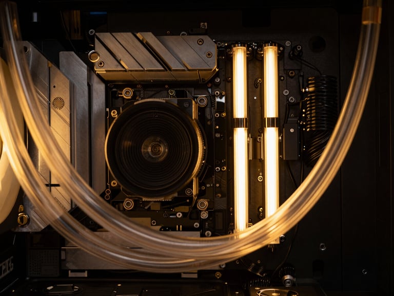 Macro close-up of a custom liquid-cooled PC interior, glowing gold coolant fluid running through pristine acrylic tubes, dark obsidian background, dramatic low-key rim lighting, sharp focus.