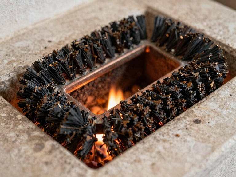 Close-up of a specialized rotary brush tool inside a chimney flue, showing removed creosote flakes, warm firelight glow, 35mm