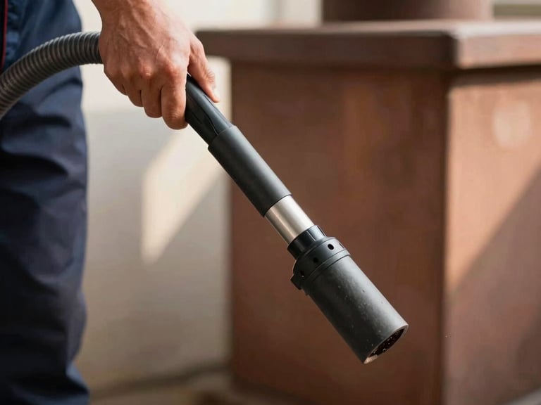 Close-up of a chimney sweep's hand holding a specialized dust-containment vacuum hose, clean uniform sleeve visible, in natural indoor light with soft shadows, 35mm