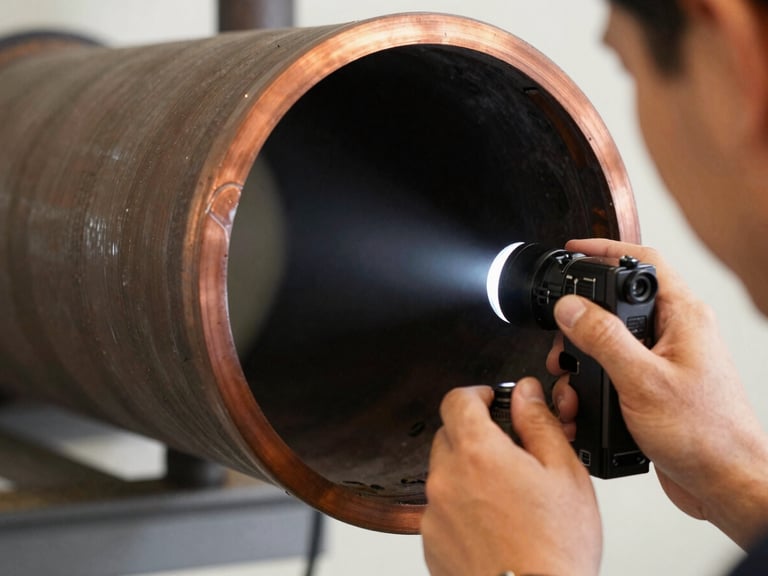 Close-up of a technician's hands operating a camera inspection monitor, showing a clear view inside a flue liner, focused flashlight beam, 35mm