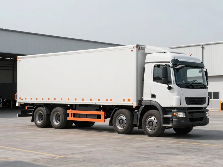 Wide shot of a modern cargo truck with visible orange ADR plates, parked in a clean industrial logistics hub under cold daylight. Sharp industrial photography, desaturated tones with safety orange accents, clean composition, 35mm.