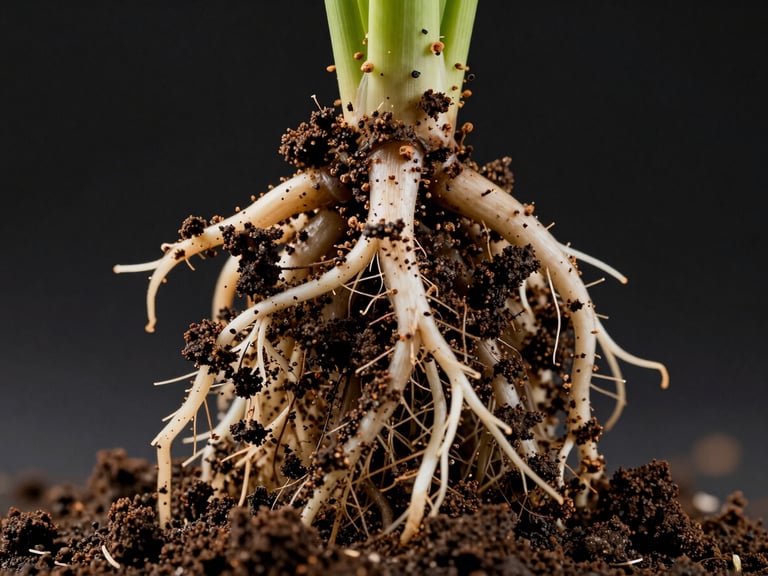 Extreme macro shot of a healthy crop root system with dark, rich soil granules clinging to the root hairs, clinical studio lighting, high contrast.