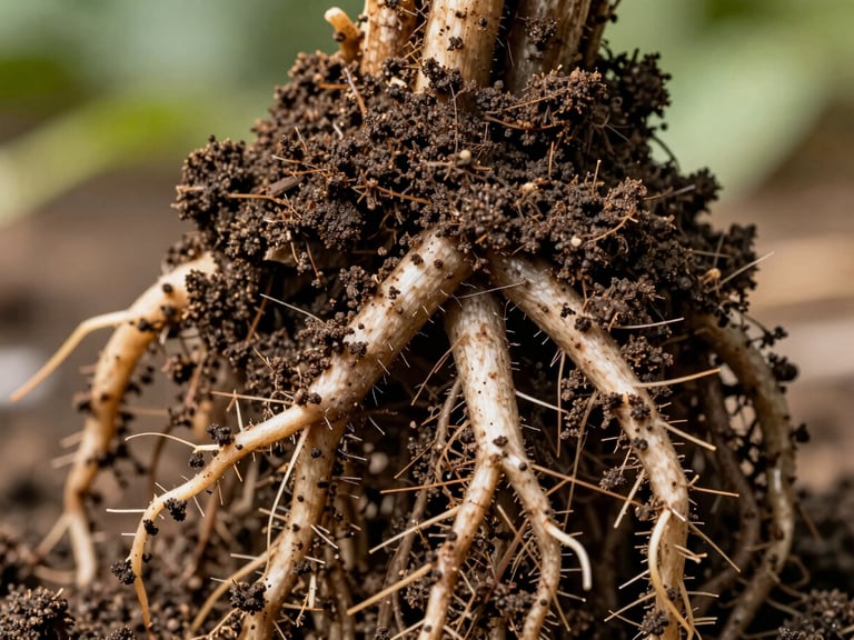 Extreme macro shot of a healthy root system with rich, dark soil clinging to the root hairs, bright natural midday sun, highly detailed texture