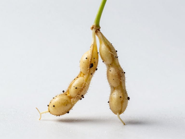 Macro studio photograph of a healthy soybean root system with dark soil granules clinging to the root hairs, clinical white background, crisp laboratory lighting, highly detailed.