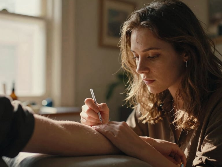 Candid shot of artist Elara Vance, with a warm, focused expression, working on a client's arm, needle-to-skin precision, sunlit studio interior, rich earthy tones, shallow depth of field, 35mm film.