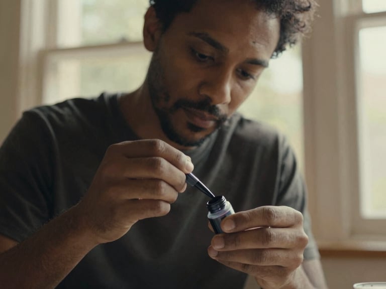 Candid shot of artist Kairos Stone, with a thoughtful expression, mixing ink in small caps, close-up of hands and ink, soft window daylight, rich earthy tones, shallow depth of field, 35mm film.