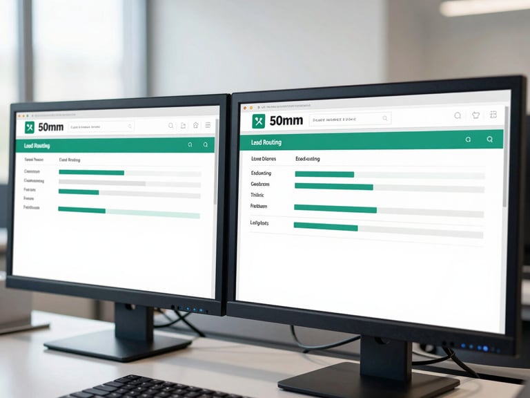 Close-up of a modern UK broker desk with dual monitors displaying clean lead routing analytics, bright daylight, 50mm lens