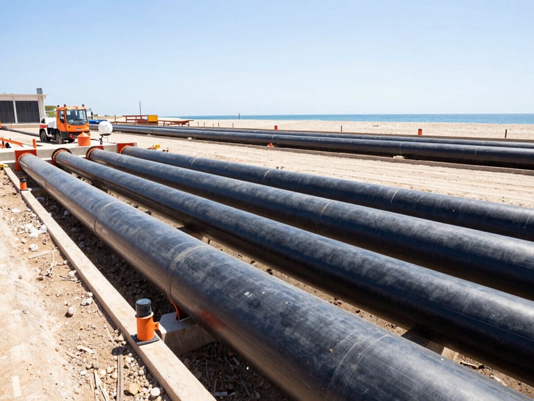 Medium shot of municipal infrastructure project, showing underground piping being installed on a coastal site, bright daylight, high contrast.