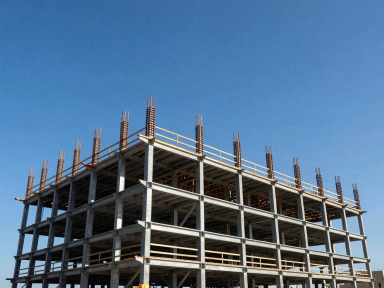 Wide shot of a coastal building under construction, showing steel framing and bracing against a bright blue sky, high contrast.