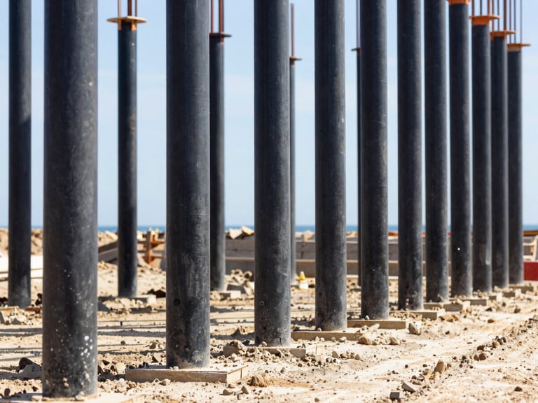 Close-up of deep foundation piles being driven into sandy soil at a construction site, bright sun, high contrast.