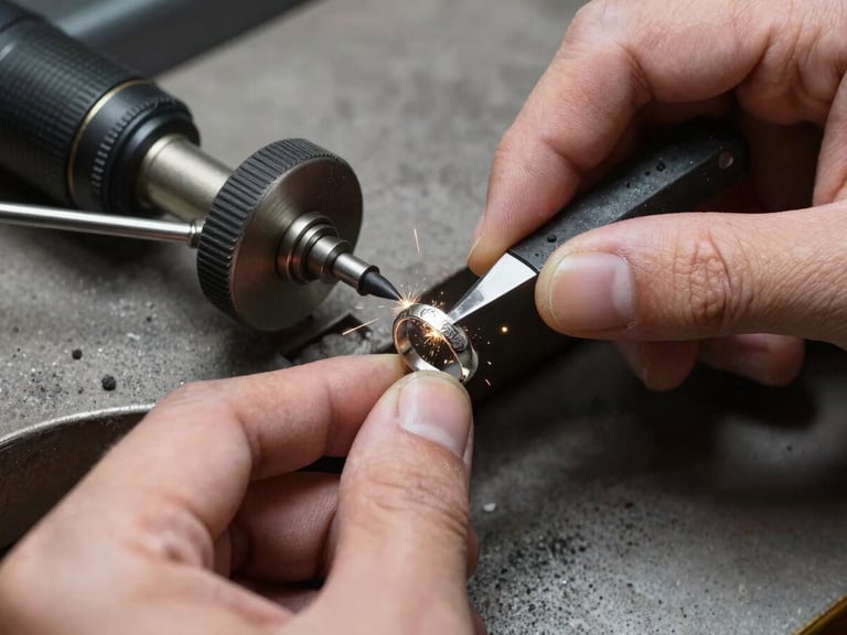 Macro shot of a jeweler's hands using a polishing wheel on a sterling silver ring, tiny sparks, graphite dust on the bench, natural light.