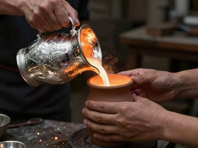 Close-up of hands pouring molten silver into a clay flask for lost-wax casting, dramatic warm glow from the furnace, dark background.