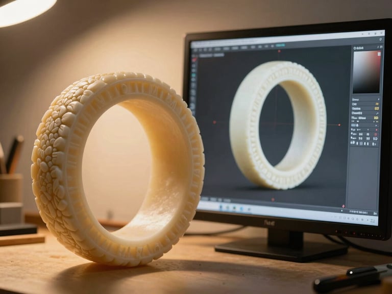 Macro side-lit shot of a physical wax ring carving resting next to its high-resolution digital CAD counterpart on a workshop monitor, warm glowing background.