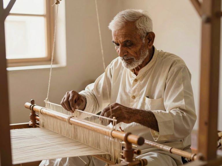 Environmental portrait of an elderly master weaver in Rajasthan, working at a traditional wooden pit loom, soft golden light highlighting the focused expression and the delicate threads on the loom.