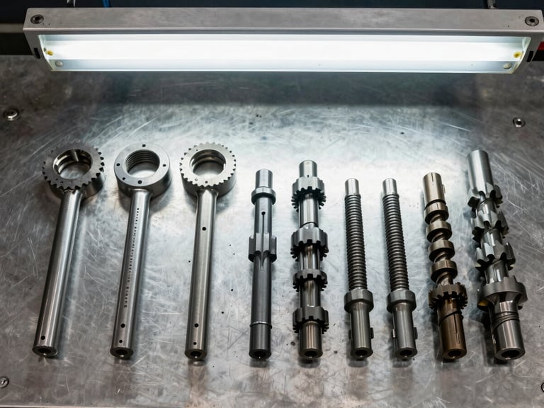 Close-up overhead flatlay of engine timing lock tools and camshaft alignment pins arranged on a clean steel workshop bench under bright fluorescent light, industrial documentary style