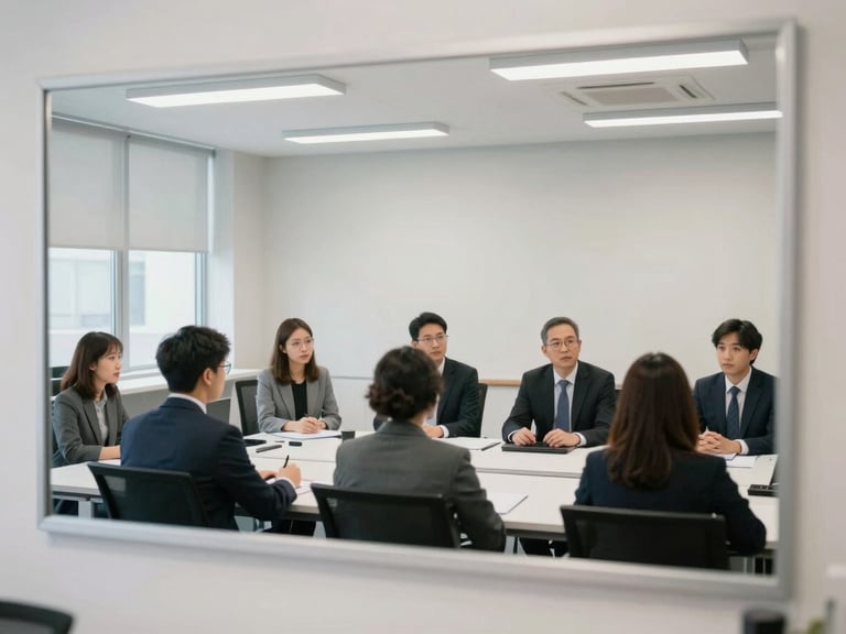 A bright, clean focus group observation room viewed through a double-sided mirror, high-end recording equipment, neutral office lighting, 35mm.