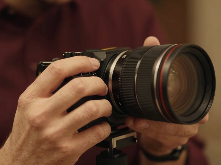 Close-up of a student's hands adjusting the focus ring on a cinema lens, warm cinematic lighting, shallow depth of field, 35mm anamorphic feel