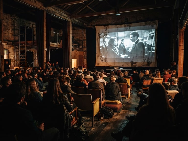 A low-key dramatic shot of an audience gathered in a dark, warm-lit warehouse space, watching a film projected on a large canvas screen, cinematic 35mm photography