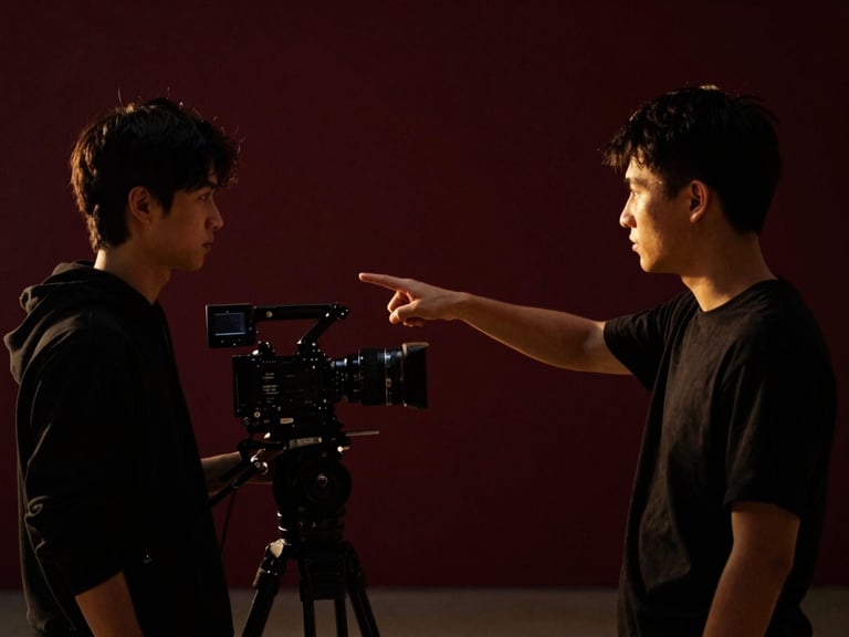 A local film director pointing out a camera angle to a student on an indoor set, high-contrast dramatic low-key lighting
