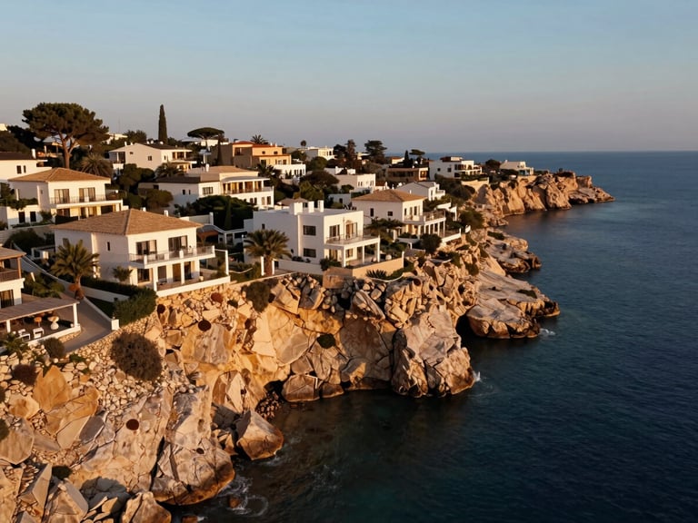 Wide panoramic environmental drone shot of luxury villas on the rocky cliffs of North Cyprus, golden hour warm light, deep blue sea below