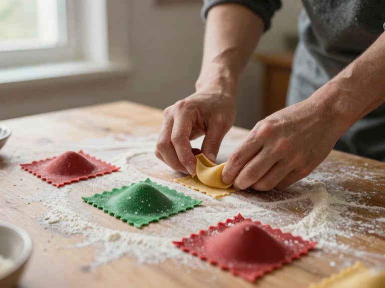 Overhead editorial shot of hands preparing fresh handmade pasta on a flour-dusted wooden table, soft natural window light, shallow depth of field, 35mm