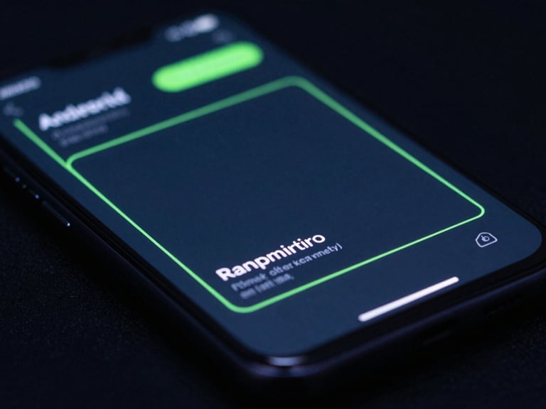 Macro shot of a modern Android smartphone screen showing a high-fidelity dark UI wireframe with neon green accent lines, moody ambient studio lighting with cool blue screen glow