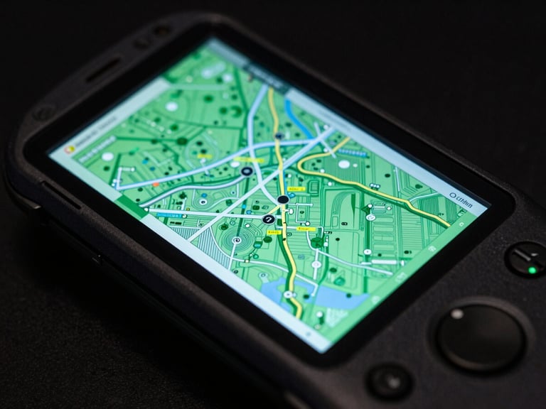 Macro shot of a rugged Android handheld terminal displaying a high-fidelity logistics map, cool green screen glow, dark background, technical schematic style