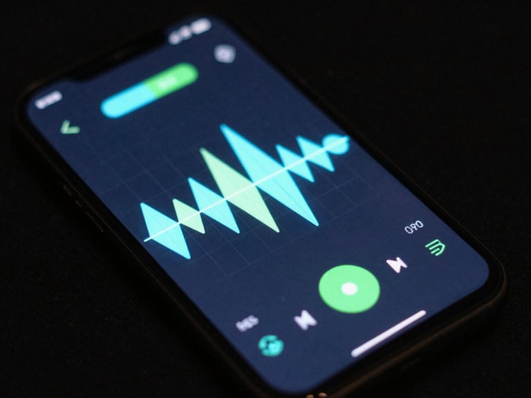 Close-up of a modern Android smartphone showing an audio waveform interface, low-key ambient studio lighting, neon cyan accents, high-fidelity details