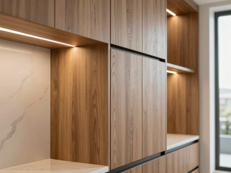 Close-up of premium custom kitchen cabinets with elegant wood grain finishes, warm ambient lighting, modern Saudi home design