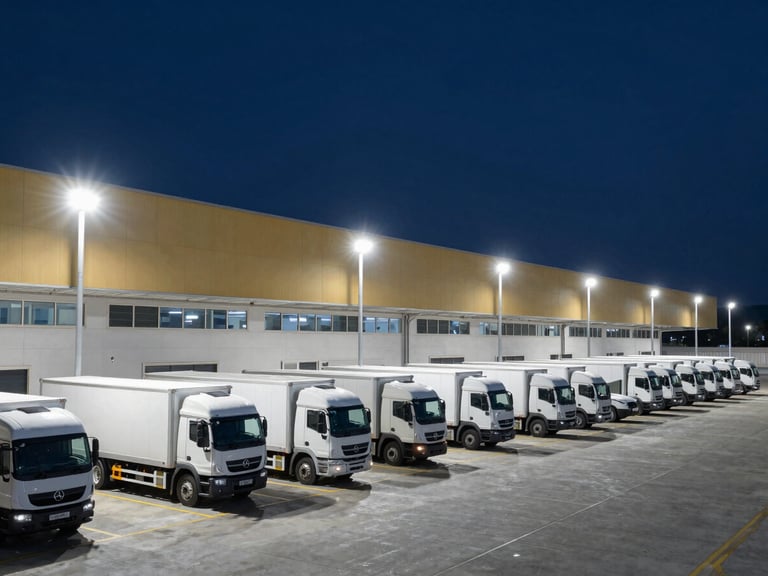 Sleek modern logistics terminal at dusk, rows of commercial transport vehicles aligned perfectly under cool white industrial floodlights, clean concrete surfaces.