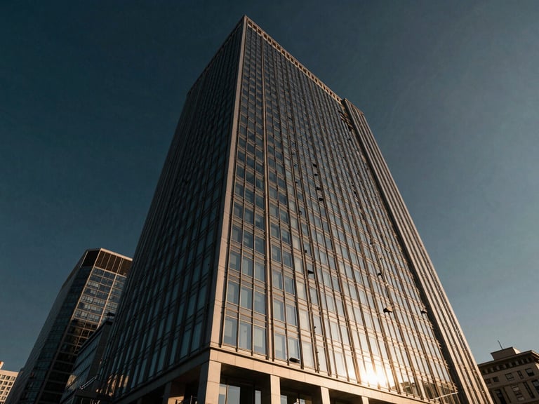 Dramatic low-angle architectural shot of a modern glass-and-steel corporate skyscraper in Istanbul's business district, reflecting deep navy sky and warm golden-hour light.