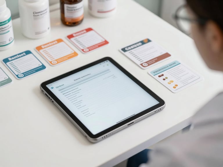 Overhead view of a nutritionist's desk in a consultation room, bright clinical lighting, a tablet displaying a prescription form, supplement product cards arranged beside it, clean white surface