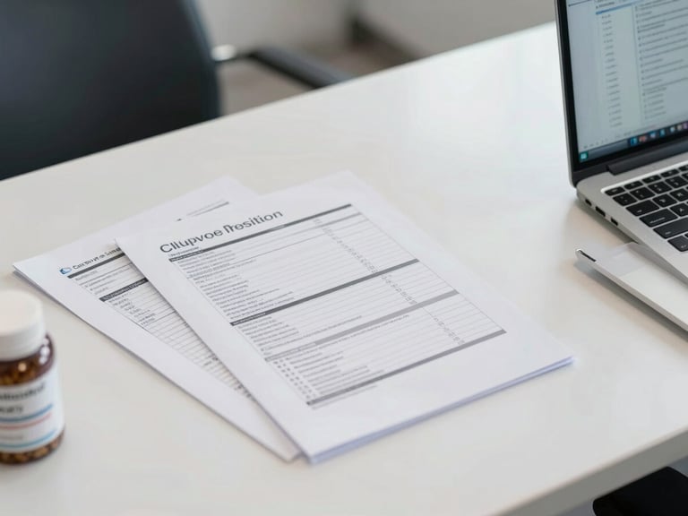 Overhead wide shot of a nutritionist consultation desk, printed supplement protocol sheets and a laptop open to a patient file, clinical fluorescent lighting, no people visible, clean professional environment