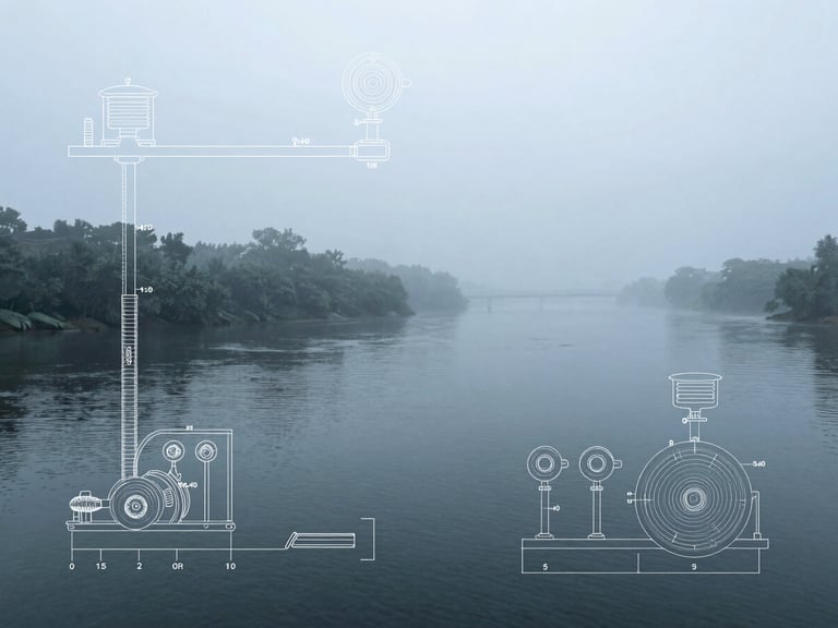 Detailed engineering blueprint overlay on a misty river background, technical diagram showing water flow sensors and turbine discharge monitoring, cold slate tones