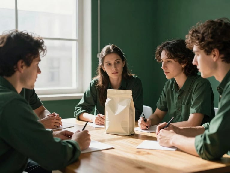 Real-time team collaboration around physical product packaging on a wooden table, high-contrast window light