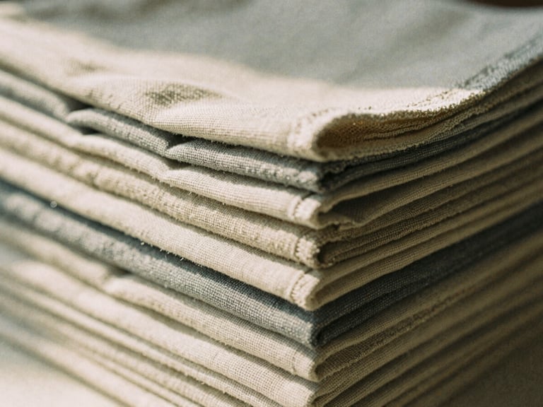 Close-up of a stack of folded linen napkins in muted colors, rich tactile textures, soft diffused light, 35mm film aesthetic.