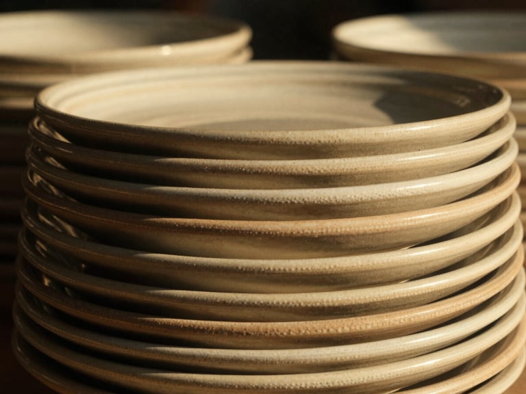 Stack of handmade ceramic stoneware plates in earthy tones, soft golden-hour light, shallow depth of field, 35mm film aesthetic.